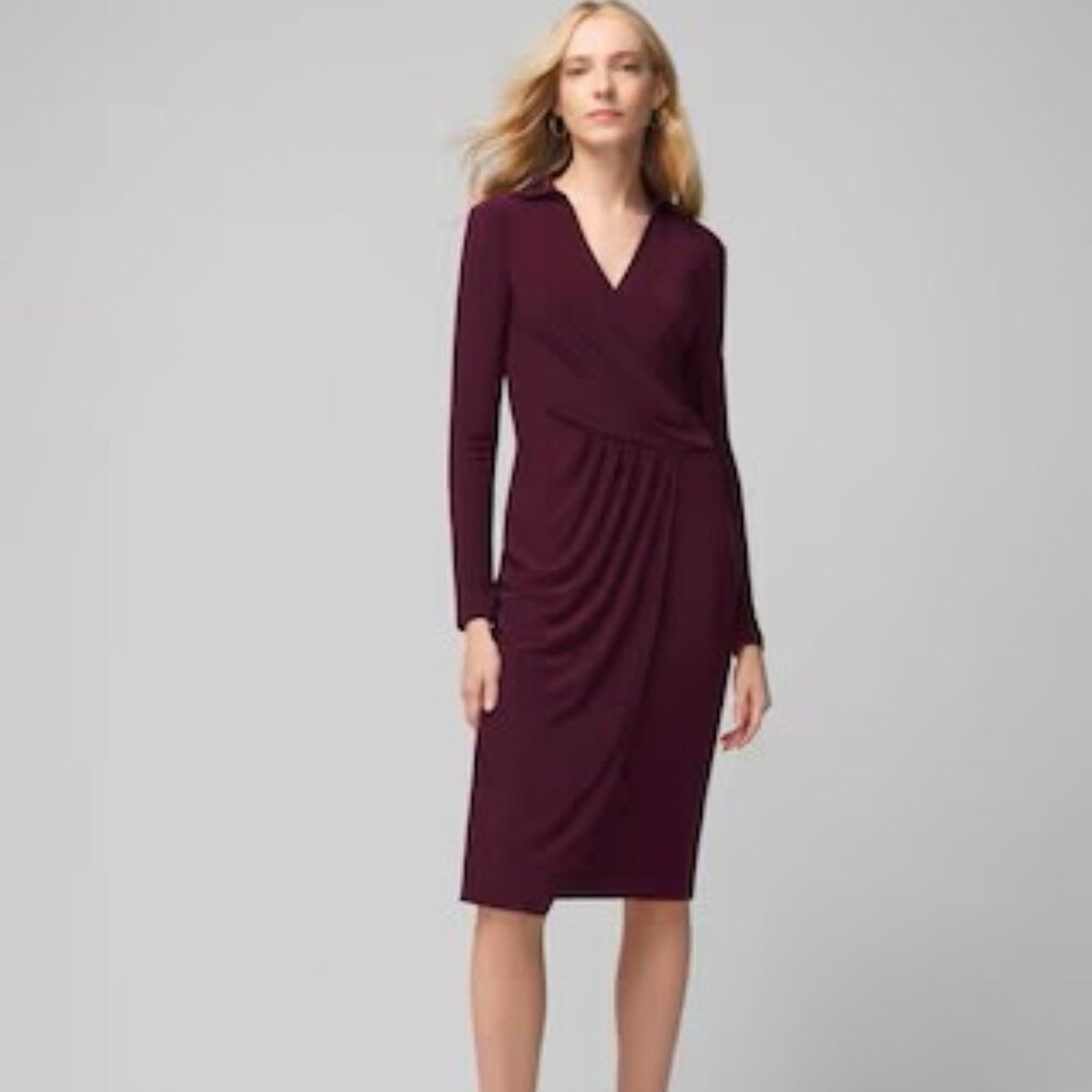 NWT White House Black Market LS Faux Wrap Midi Dress, Size 2 Petite, Burgundy